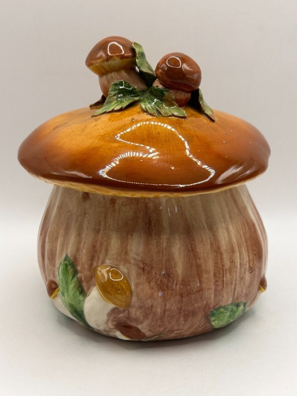 Vintage Italian ceramic mushroom canister cookie jar 3D forest 1970s retro 6"